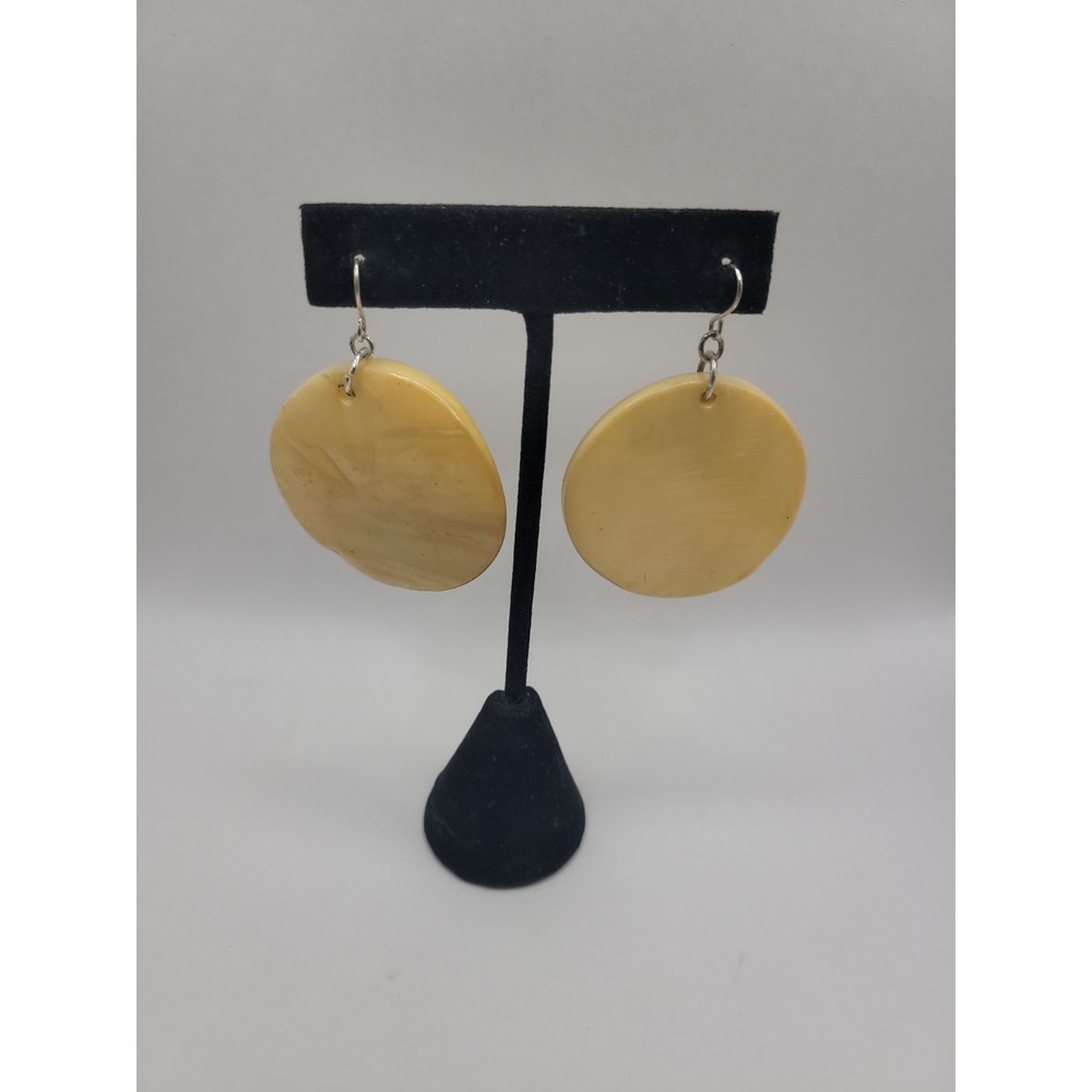 Vintage Mother of Pearl Shell Disc Dangle Earrings Cream Round Boho Statement
